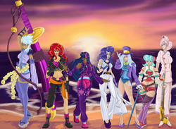 Size: 4500x3300 | Tagged: safe, artist:sonson-sensei, cloudchaser, coco pommel, nurse redheart, rarity, sunset shimmer, trixie, twilight sparkle, human, g4, belly button, dark skin, geta, gun, humanized, leotard, midriff, ocean, one piece, rifle, sandals, sword, weapon