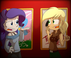 Size: 1400x1152 | Tagged: safe, artist:fj-c, applejack, rarity, equestria girls, g4, cinema, hatless, missing accessory