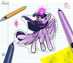 Size: 2000x1717 | Tagged: safe, artist:pomnoi, twilight sparkle, alicorn, pony, g4, female, lined paper, magic, mare, paper, sketch, solo, twilight sparkle (alicorn)