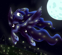 Size: 4425x3929 | Tagged: safe, artist:otakuap, princess luna, alicorn, firefly (insect), pony, g4, crown, female, flying, full moon, jewelry, looking up, mare, moon, night, regalia, solo, spread wings, starry night, tree, wings