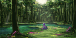 Size: 2160x1080 | Tagged: safe, artist:cezzlo, twilight sparkle, alicorn, pony, g4, behind, female, forest, mare, prone, scenery, solo, twilight sparkle (alicorn), water