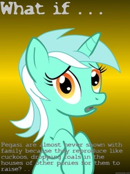 Size: 625x833 | Tagged: safe, lyra heartstrings, pegasus, pony, g4, brood parasitism, conspiracy lyra, cuckoo, exploitable meme, female, headcanon, meme, solo, text