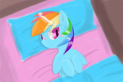 Size: 1276x850 | Tagged: safe, artist:lazyjp, rainbow dash, g4, bed, blushing, female, looking at you, lying down, on back, pixiv, solo