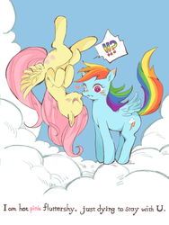 Size: 600x800 | Tagged: safe, artist:wan, fluttershy, rainbow dash, g4, cloud, cloudy, female, flying, kissing, lesbian, pixiv, ship:flutterdash, shipping, surprise kiss, surprised, upside down