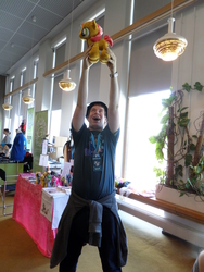 Size: 3456x4608 | Tagged: safe, artist:juu50x, babs seed, human, pony, g4, 2014, crystal fair con, finland, finlandia hall, helsinki, holding a pony, holding up, irl, irl human, photo, plushie, reference, the legend of zelda