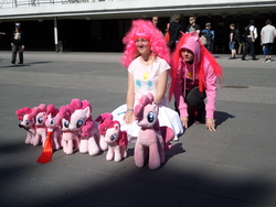 Size: 4608x3456 | Tagged: safe, artist:juu50x, pinkie pie, earth pony, human, pony, g4, too many pinkie pies, 2014, cosplay, crystal fair con, facial hair, female, finland, finlandia hall, get, helsinki, index get, irl, irl human, mare, moustache, multeity, necktie, outdoors, photo, pink, plushie, ponies everywhere, so much pony, too much pink energy is dangerous