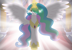 Size: 1211x848 | Tagged: safe, artist:faith-wolff, princess celestia, alicorn, pony, fanfic:the bridge, g4, ethereal mane, fanfic art, female, glowing eyes, mare, solo, spread wings, wings
