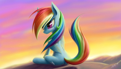 Size: 1944x1111 | Tagged: safe, artist:zigword, rainbow dash, pegasus, pony, g4, female, sitting, solo, sunset