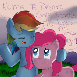 Size: 5000x5000 | Tagged: safe, artist:kmitangol, pinkie pie, rainbow dash, g4, absurd resolution, duo, female, lesbian, ship:pinkiedash, shipping, spanish, translated in the comments