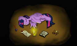 Size: 1633x978 | Tagged: safe, artist:hyperdaspony, twilight sparkle, alicorn, pony, g4, book, candle, female, ink, mare, scroll, sleeping, twilight sparkle (alicorn)