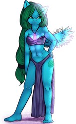 Size: 1252x2048 | Tagged: safe, artist:yukomaussi, oc, oc only, pegasus, anthro, plantigrade anthro, abs, anthro oc, bandeau, barefoot, belly button, feet, hand on hip, loincloth, midriff, necklace, solo