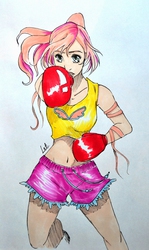 Size: 2420x4059 | Tagged: safe, artist:letwork, fluttershy, human, g4, belly button, boxing, boxing gloves, female, humanized, midriff, solo, traditional art