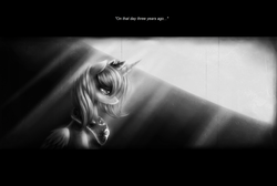 Size: 2000x1340 | Tagged: safe, artist:ventious, princess luna, alicorn, pony, g4, caption, crepuscular rays, female, grayscale, letterboxing, monochrome, s1 luna, sad, solo, text