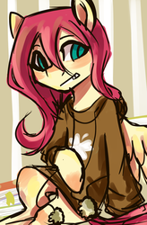 Size: 1350x2062 | Tagged: safe, artist:facerenon, fluttershy, g4, clothes, female, hoodie, sitting, sketch, solo