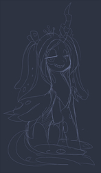 Size: 500x850 | Tagged: safe, artist:ende26, queen chrysalis, changeling, changeling queen, g4, alternate hairstyle, female, grin, looking at you, monochrome, pigtails, raised hoof, sketch, smiling, solo, toilet