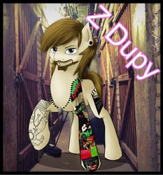 Size: 862x926 | Tagged: safe, artist:farcuf, oc, oc only, earth pony, pony, basement, beard, brown, director, facial hair, goatee, male, piercing, polish, ponified, solo, tattoo, tunnel, youtuber