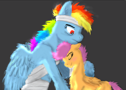Size: 1020x725 | Tagged: safe, artist:deadfactory-rd-brony, rainbow dash, scootaloo, g4, bandage, rainbow factory dash, simple background