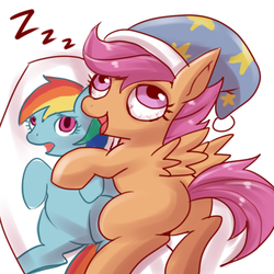 Size: 500x500 | Tagged: safe, artist:three, rainbow dash, scootaloo, pegasus, pony, g4, bloodshot eyes, body pillow, butt, creepy, hat, nightcap, pixiv, plot, scootobsession, sleeping, stalkerloo, zzz