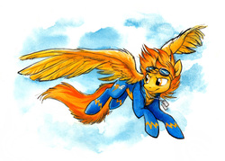 Size: 744x534 | Tagged: safe, artist:kenket, spitfire, pegasus, pony, g4, dog tags, female, flying, goggles, large wings, mare, messy mane, solo, wonderbolts, wonderbolts uniform