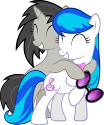 Size: 1024x1228 | Tagged: safe, artist:aborrozakale, dj pon-3, octavia melody, vinyl scratch, earth pony, pony, unicorn, g4, ^^, alternate universe, bowtie, cutie mark, duo, duo female, eyes closed, female, hooves, horn, hug, mare, palette swap, personality swap, simple background, smiling, sunglasses, swapped cutie marks, teeth, transparent background, vector
