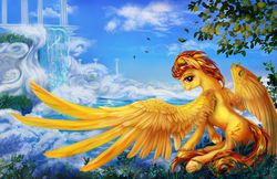 Size: 1200x776 | Tagged: safe, artist:viwrastupr, spitfire, g4, female, looking at you, scenery, sitting, smiling, solo, underhoof, waterfall