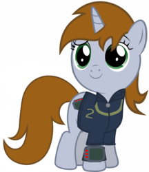 Size: 6039x7000 | Tagged: safe, artist:aborrozakale, oc, oc only, oc:littlepip, pony, unicorn, fallout equestria, g4, absurd resolution, clothes, fanfic, fanfic art, female, filly, filly littlepip, hooves, horn, jumpsuit, pipboy, pipbuck, show accurate, simple background, smiling, solo, vault suit, white background, younger