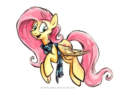Size: 622x484 | Tagged: safe, artist:kenket, artist:spainfischer, fluttershy, g4, clothes, female, scarf, simple background, smiling, solo, traditional art