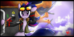 Size: 3200x1608 | Tagged: safe, artist:unitoone, twilight sparkle, pony, g4, airship, bipedal, bomber jacket, female, goggles, looking at you, solo