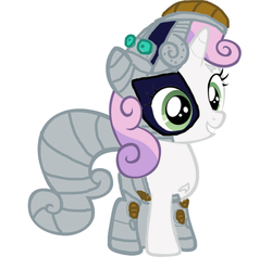 Size: 600x594 | Tagged: safe, artist:kesia-chan, sweetie belle, cyborg, pony, robot, unicorn, g4, dragon ball, dragon ball z, female, filly, foal, freeza, hooves, horn, simple background, smiling, solo, sweetie bot, teeth, white background
