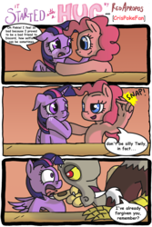 Size: 2278x3419 | Tagged: safe, artist:crispokefan, discord, pinkie pie, twilight sparkle, alicorn, draconequus, earth pony, pony, it started with a hug, g4, comic, crying, disguise, female, high res, mare, oh crap, this will not end well, twilight sparkle (alicorn)