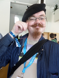 Size: 3456x4608 | Tagged: safe, artist:juu50x, human, 2014, barely pony related, crystal fair con, evil, finland, finlandia hall, glasses, hat, helsinki, irl, irl human, moustache, photo, swang, the stache