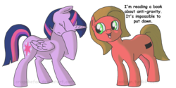 Size: 4000x2000 | Tagged: safe, artist:crispokefan, twilight sparkle, oc, oc:pun, alicorn, pony, g4, book, female, gravity, mare, pun, twilight sparkle (alicorn)