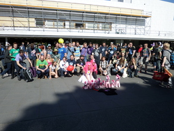 Size: 4608x3456 | Tagged: safe, artist:juu50x, pinkie pie, human, g4, too many pinkie pies, 2014, balloon, brony, clothes, cosplay, crystal fair con, finland, finlandia hall, funny, group photo, hat, helsinki, irl, irl human, photo, summer, t-shirt