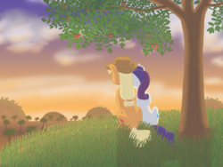 Size: 4000x3000 | Tagged: safe, artist:crispokefan, applejack, rarity, g4, apple tree, female, high res, lesbian, ship:rarijack, shipping, sunset, sweet apple acres, tree