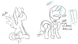 Size: 1334x770 | Tagged: safe, fluttershy, rarity, g4, butterscotch, dialogue, dressup, eyes on the prize, magic, pomf, rule 63, wingboner