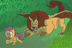 Size: 3000x2000 | Tagged: safe, artist:crispokefan, scootaloo, manticore, g4, everfree forest, high res, running, this will end in tears and/or death, trouble