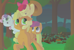 Size: 4500x3000 | Tagged: dead source, safe, artist:crispokefan, apple bloom, applejack, scootaloo, sweetie belle, earth pony, pegasus, pony, timber wolf, unicorn, g4, apple bloom riding applejack, apple bloom's bow, applejack's hat, blank flank, bow, cowboy hat, cutie mark crusaders, everfree forest, eyes closed, female, filly, floppy ears, foal, freckles, hair bow, hat, high res, mare, open mouth, open smile, ponies riding ponies, raised hoof, riding, smiling, tree, watermark