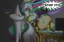 Size: 3800x2480 | Tagged: dead source, safe, artist:crispokefan, princess celestia, pignite, g4, angry, computer, crossover, high res, pc, pokémon