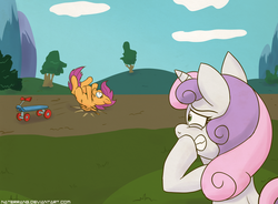 Size: 1223x900 | Tagged: safe, artist:naterrang, scootaloo, sweetie belle, g4, accident, bail, crying, falling, injured, scooter