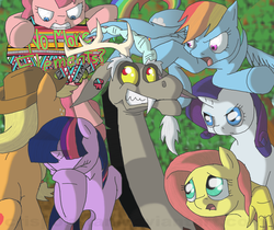Size: 4160x3500 | Tagged: safe, artist:crispokefan, applejack, discord, fluttershy, pinkie pie, rainbow dash, rarity, twilight sparkle, g4, angry, breaking the fourth wall, elements of harmony, facehoof, high res, mane six, stare, thought bubble, worried