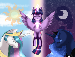 Size: 2100x1600 | Tagged: safe, artist:xxbluefiredragonxx, princess celestia, princess luna, twilight sparkle, alicorn, pony, g4, both cutie marks, day, eyes closed, female, mare, night, twilight sparkle (alicorn)