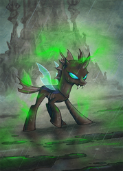 Size: 714x1000 | Tagged: safe, artist:stasysolitude, changeling, g4, aura, changeling magic, crystal castle, fanfic art, featured image, frown, glare, holeless, magic, no holes, rain, raised hoof, solo, wet
