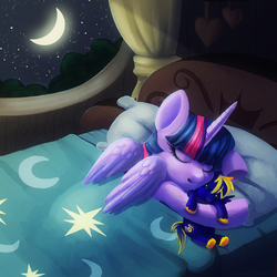 Size: 2000x2000 | Tagged: safe, artist:adailey, twilight sparkle, oc, oc:zephyr, alicorn, pony, g4, bed, canon x oc, crescent moon, crush plush, female, high res, hugging a plushie, in bed, mare, mascot, moon, night, plushie, sleeping, solo, twilight sparkle (alicorn), twiphyr, window
