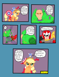 Size: 1634x2145 | Tagged: safe, artist:oneovertwo, applejack, g4, blue's clues, captain america, comic, crossover, dc comics, lex luthor, male, marvel, mega man (series), proto man, simpsons did it, the simpsons, ultra magnus, wat