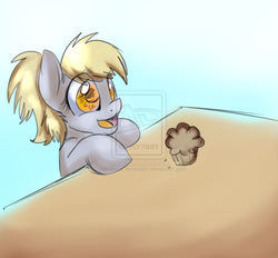 Size: 1024x951 | Tagged: dead source, safe, artist:rflzqt, derpy hooves, pegasus, pony, g4, cute, deviantart watermark, female, filly, muffin, obtrusive watermark, solo, table, watermark