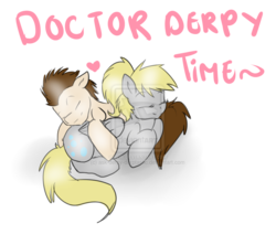 Size: 1024x910 | Tagged: dead source, safe, artist:rflzqt, derpy hooves, doctor whooves, time turner, pegasus, pony, g4, cuddling, deviantart watermark, female, heart, male, mare, obtrusive watermark, ponytail, ship:doctorderpy, shipping, simple background, snuggling, straight, watermark