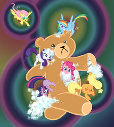 Size: 1903x2112 | Tagged: safe, artist:what-nancy-drew, applejack, fluttershy, pinkie pie, rainbow dash, rarity, twilight sparkle, g4, mane six, nightmare, teddy bear