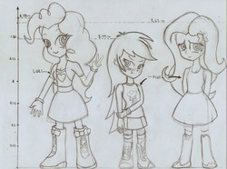 Size: 2136x1592 | Tagged: safe, artist:verappp, fluttershy, pinkie pie, rainbow dash, human, equestria girls, g4, blushing, breast envy, headcanon, monochrome, peace sign, reference, rubbing arm, size chart, traditional art, tsundere