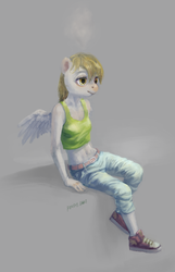 Size: 1273x1980 | Tagged: safe, artist:kaermter, derpy hooves, anthro, g4, clothes, female, midriff, shoes, simple background, sitting, sneakers, solo, tank top