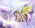 Size: 2500x2000 | Tagged: safe, artist:fenwaru, fluttershy, rainbow dash, g4, cloud, cloudy, flying, high res, rainbow trail